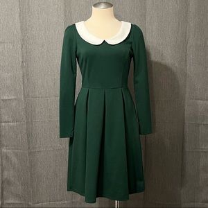 Dark green fit and flare dress with Peter Pan collar